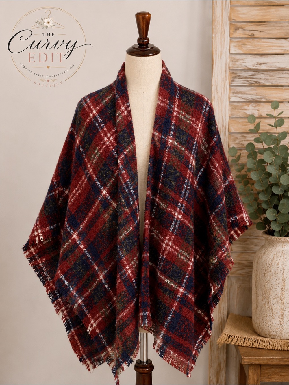 Orvis Plaid Ruana Wrap Burgundy Navy Fringe Open Front Poncho Fall Layering